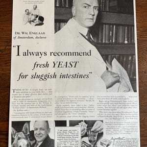 May include: A vintage advertisement featuring a man in a suit, promoting fresh yeast for sluggish intestines. The ad includes text and images, with a focus on health and wellness.