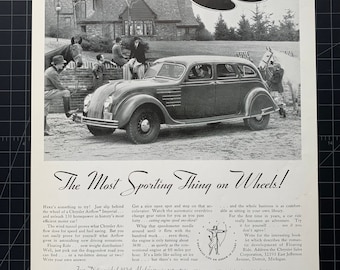 May include: Black and white vintage advertisement for the Chrysler Airflow car. The ad features the car parked in front of a large house, with people and horses nearby. Text includes "The Most Sporting Thing on Wheels!"