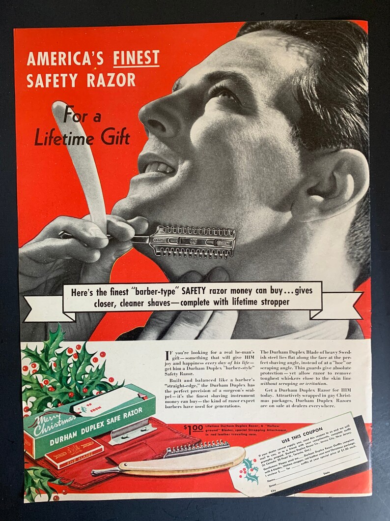 Vintage 1938 Durham Duplex Christmas Razor Ad