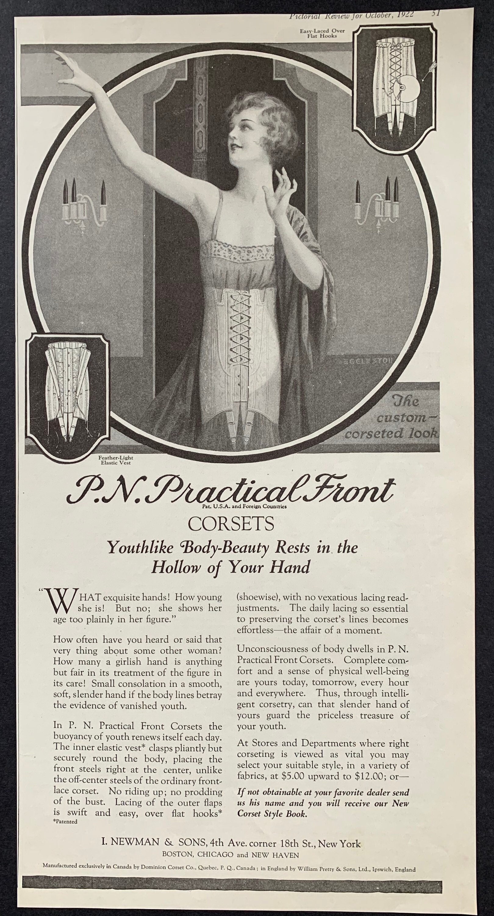 Vintage 1922 p. n. practical front corsets ad