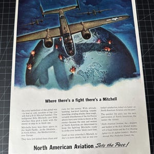 Vintage 1940s North American Aviation B-25 Mitchell Bomber Print Ad - WWII Era