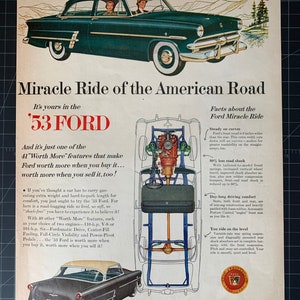 May include: Vintage advertisement for the '53 Ford, showcasing a teal-colored car with white-wall tires. The ad highlights the car's features with text and diagrams, including the phrase "Miracle Ride of the American Road."