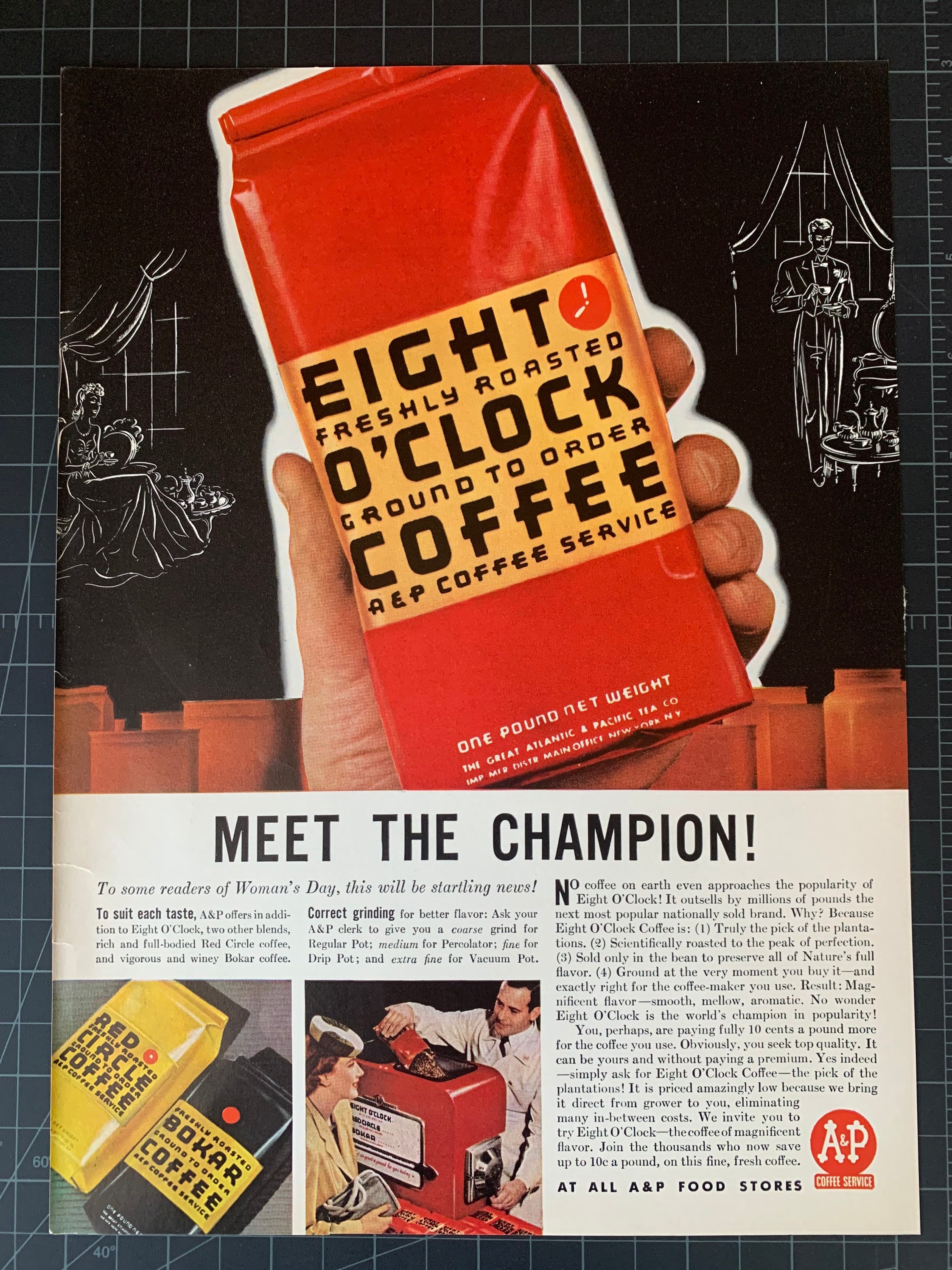 Vintage 1949 A&P Coffee Print Ad 8 O’Clock Coffee