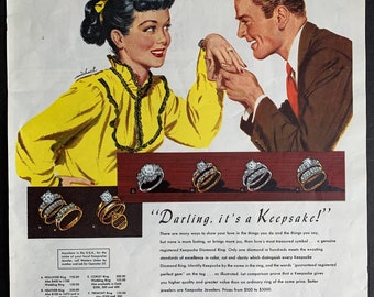 Vintage 1949 keepsake diamond rings print ad