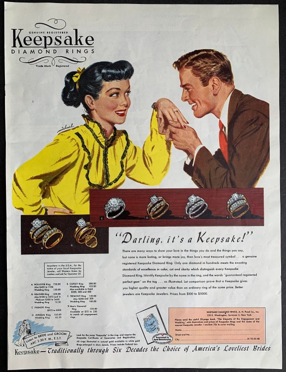 Vintage 1949 keepsake diamond rings print ad