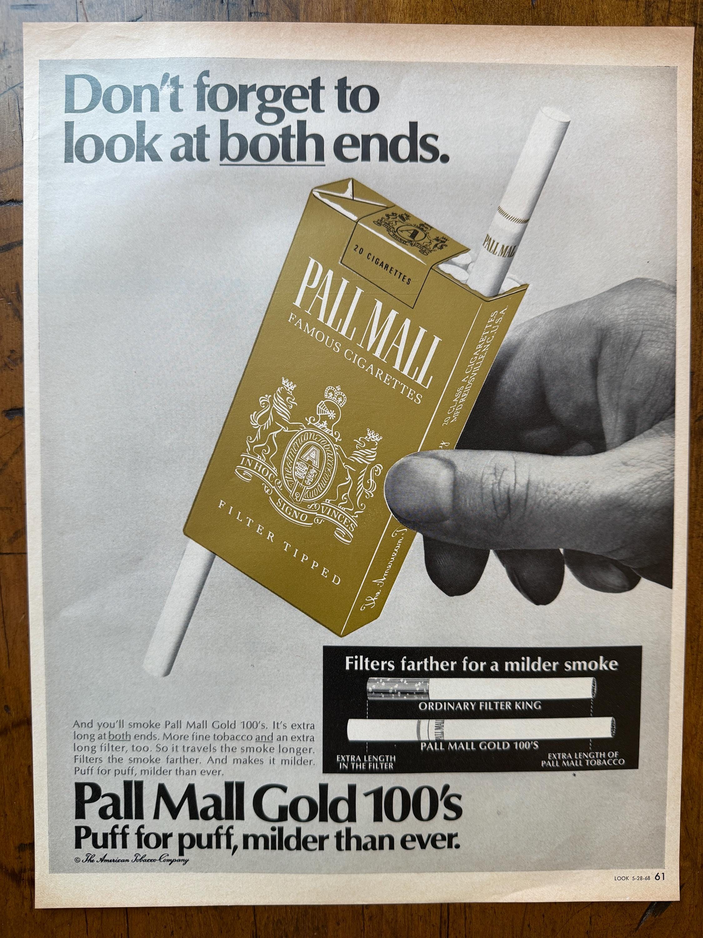 who makes pall mall cigarettes Gold "Taste the Luxury Length of Pall Mall Gold?Vtg Ad 1967 Vintage 1968 Pall Mall Cigarettes
