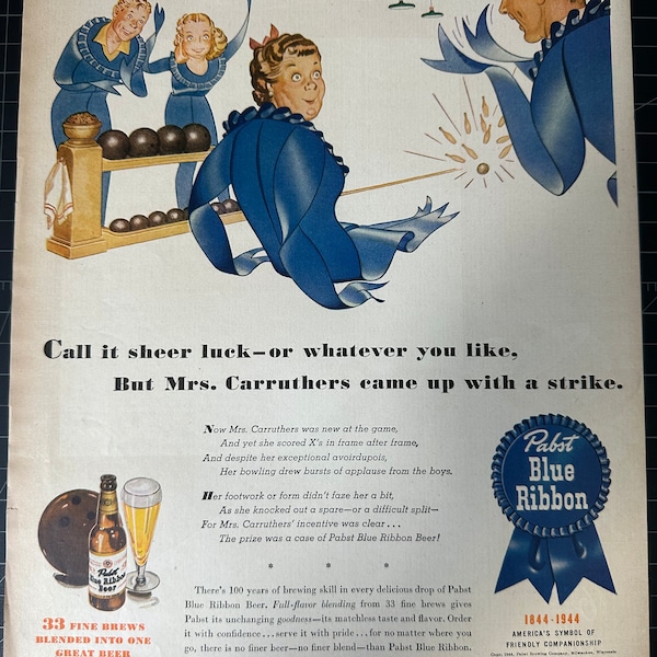 Vintage 1944 Pabst Blue Ribbon Beer Print Ad
