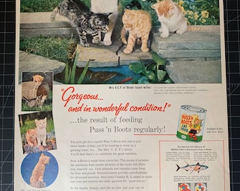 vintage 1948 puss n' boots publicité imprimée de nourriture pour chat