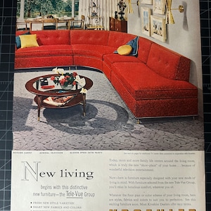 May include: A red sectional sofa with a curved design sits in a living room with a coffee table and a window in the background. The text "New living begins with this distinctive new furniture - the Tele-Vue Group" is printed below the image. The text "Kroehler" is printed in large letters at the bottom of the image.