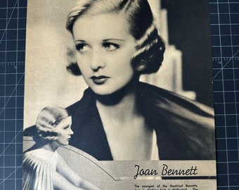 May include: A black and white photo of Joan Bennett, an actress, with the text "Joan Bennett" and a short biography below the photo.