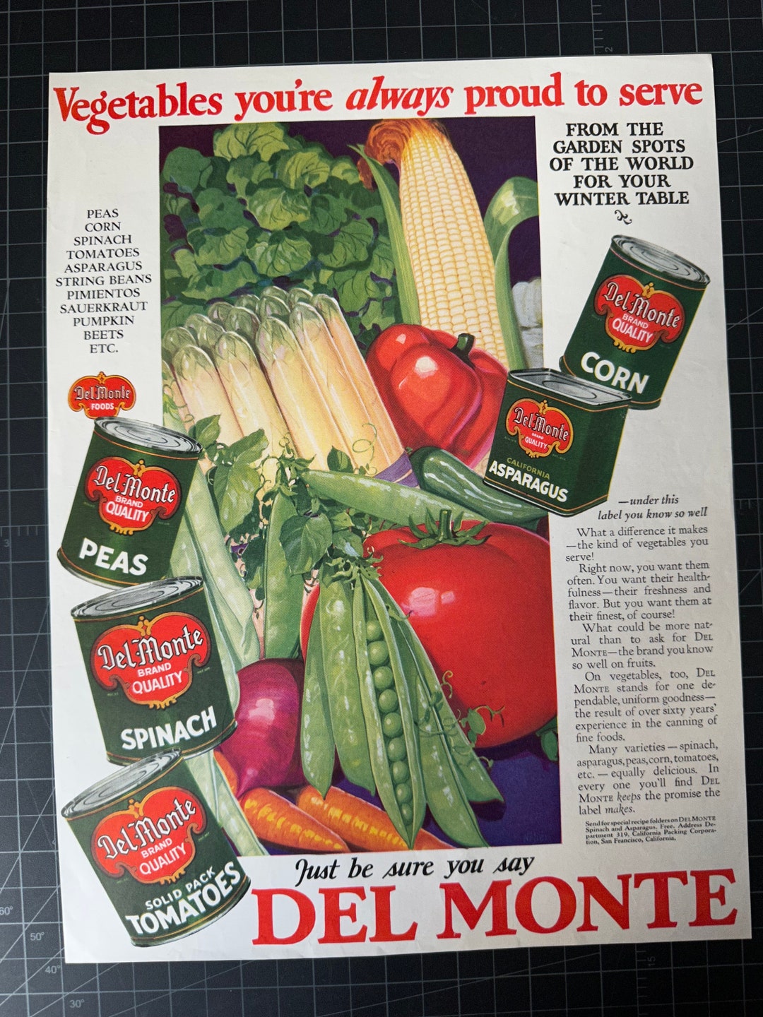 Vintage 1928 Del Monte Canned Vegetables Print Advertisement - Etsy
