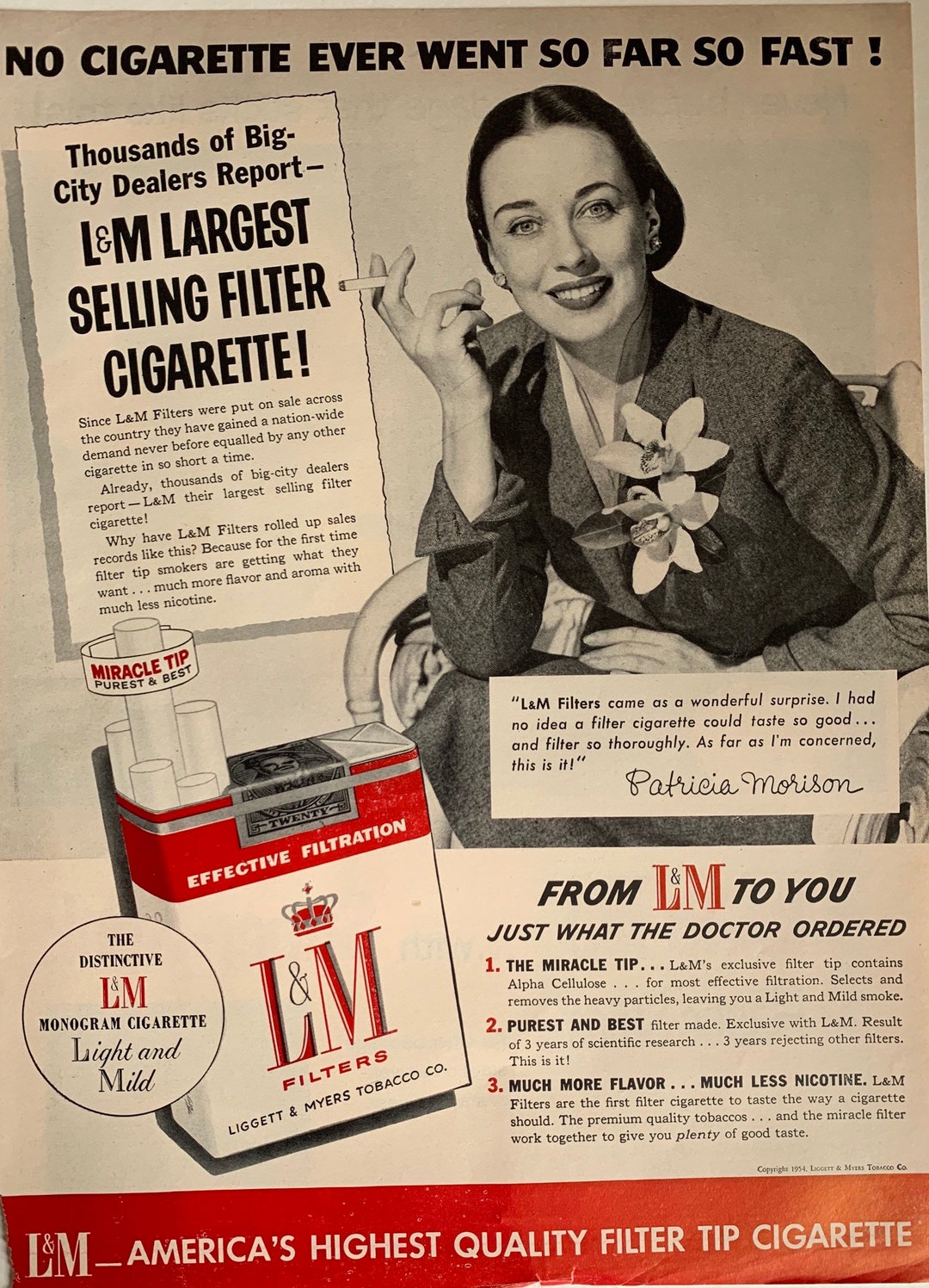 Vintage 1954 L&M Cigarettes Ad Patricia Morrison - Etsy