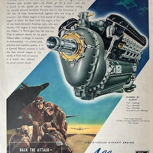 May include: A vintage advertisement for Allison liquid-cooled aircraft engines, featuring a close-up of the engine and a group of pilots in the background. The text reads "They all get together on this" and "Powered by Allison".