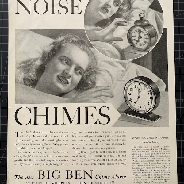 Vintage 1933 big ben chime alarm clock print ad