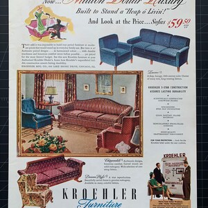 May include: A vintage advertisement for Kroehler Furniture, featuring a variety of sofas and chairs in different styles and colors. The ad highlights the quality and durability of the furniture, with a focus on the "Million Dollar Luxury" tagline and the price of $59.50 for sofas. The ad also includes a color harmonizer chart and a description of the Kroehler 5-Star Construction.