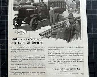 Anuncio impreso original de camionetas GMC vintage de 1919