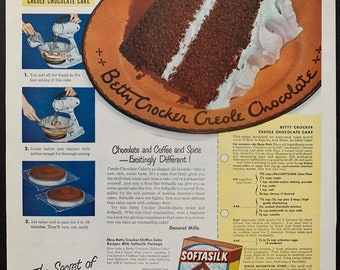 Vintage jaren 1930 betty crocker softasilk cake meel bakken advertentie