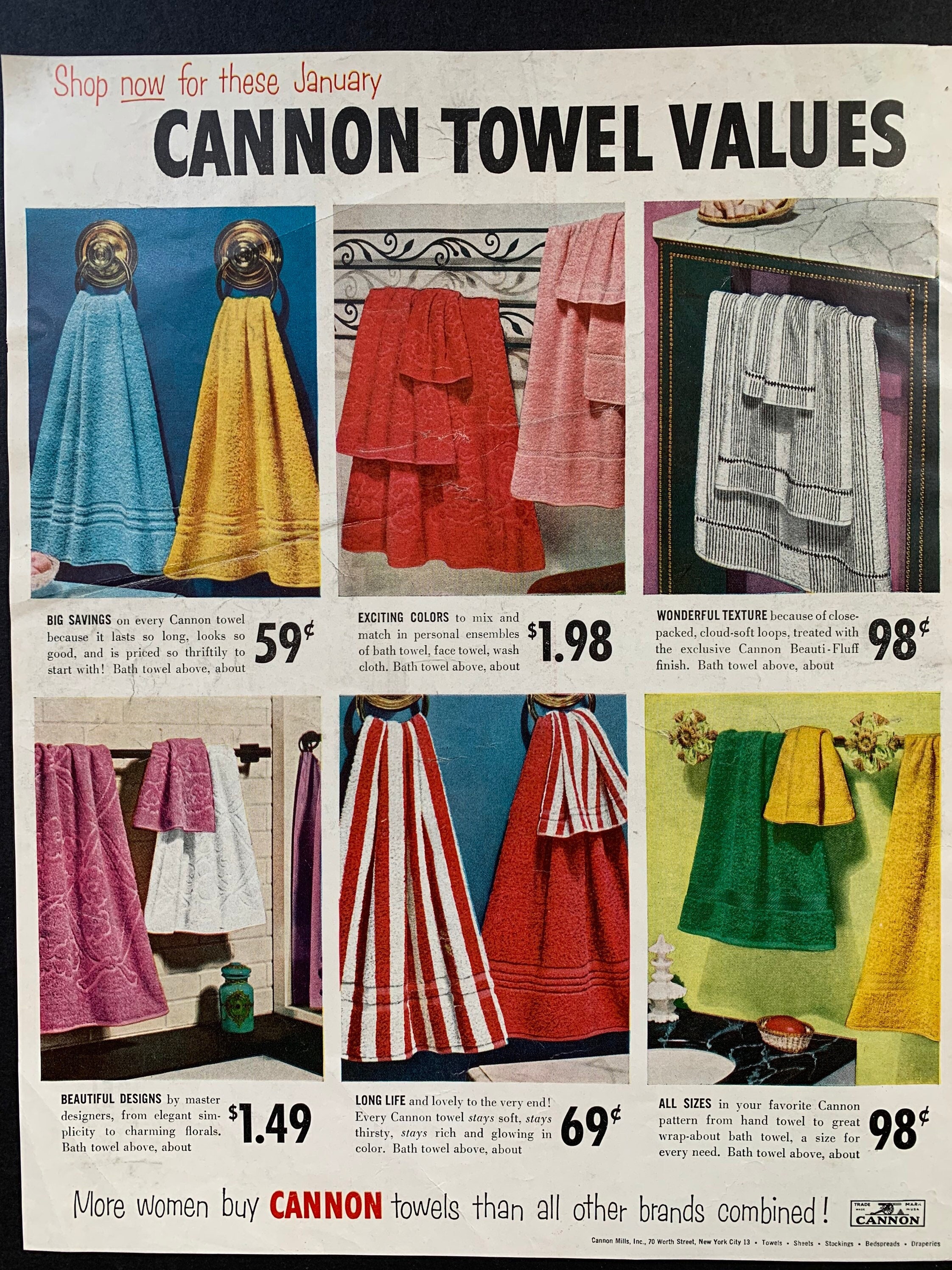 1950 Cannon Towels Vintage Ad, Advertising Art, Bath Towels, Magazine Ad,  Harlequin Colors, Advertisement, Great to Frame. 