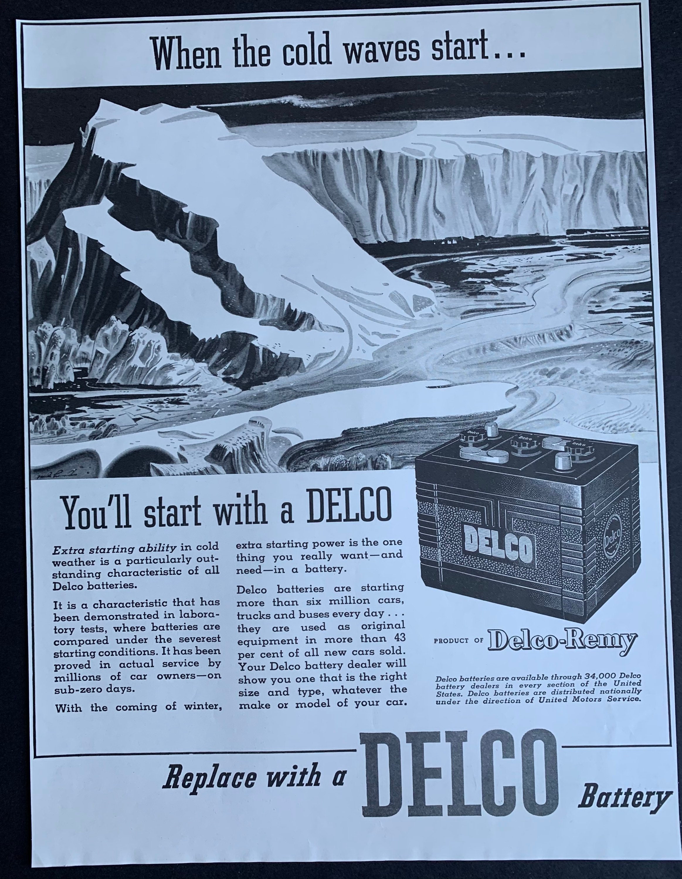 Vintage 1941 Delco Car Battery Auto Print Ad 