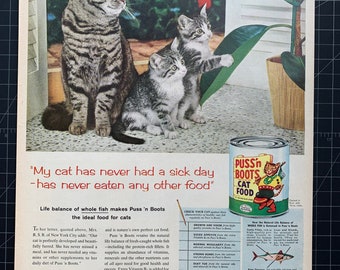 Anuncio impreso de comida para gatos Vintage 1958 puss 'n boots