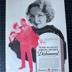 Rare Vintage 1931 “Dishonored” Film Print Ad - Marlene Dietrich