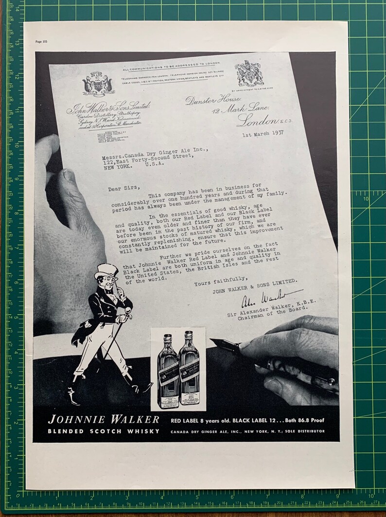 May include: Vintage black and white advertisement for Johnnie Walker Blended Scotch Whisky. The ad features a drawing of a man in a top hat, two bottles of whisky, and a letter. Text includes "Red Label 8 years old" and "Black Label 12".