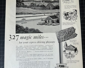 Zeldzame vintage 1952 Pennsylvania Turn-Pike printadvertentie