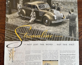 May include: Vintage advertisement for the Airflow Chrysler, featuring a brown car with a streamlined design. The ad includes text about the car's features and a drawing of an arrow. People are standing around the car.