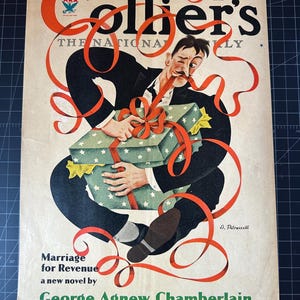 May include: A vintage magazine cover from Collier's, dated December 16, 1933, featuring a man in a suit holding a wrapped gift with a red ribbon. The cover text reads "Collier's The National Weekly" and "Marriage for Revenue a new novel by George Agnew Chamberlain".