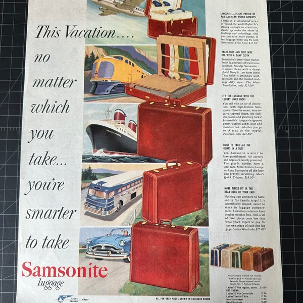 Vintage 1950s Samsonite Luggage Print Ad