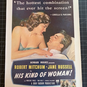 Vintage 1950s “his kind of woman” film print ad - robert mitchum - jane russellvintage