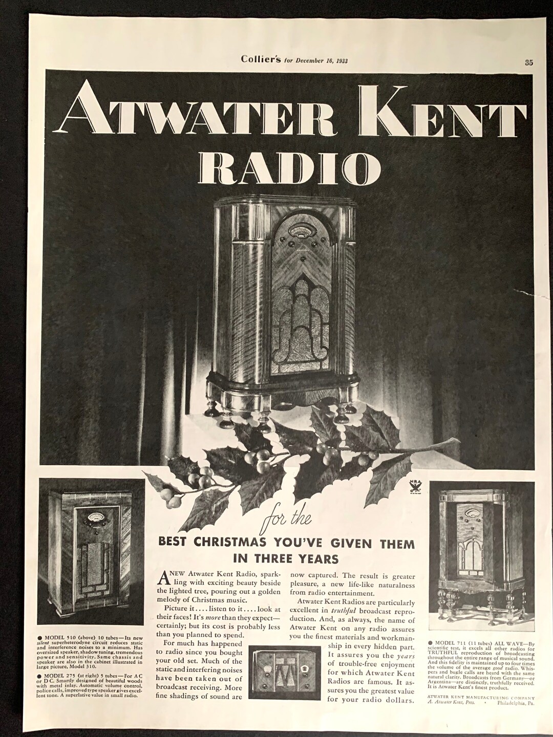 Vintage 1933 Atwater Kent Radio Christmas Ad -  Hong Kong