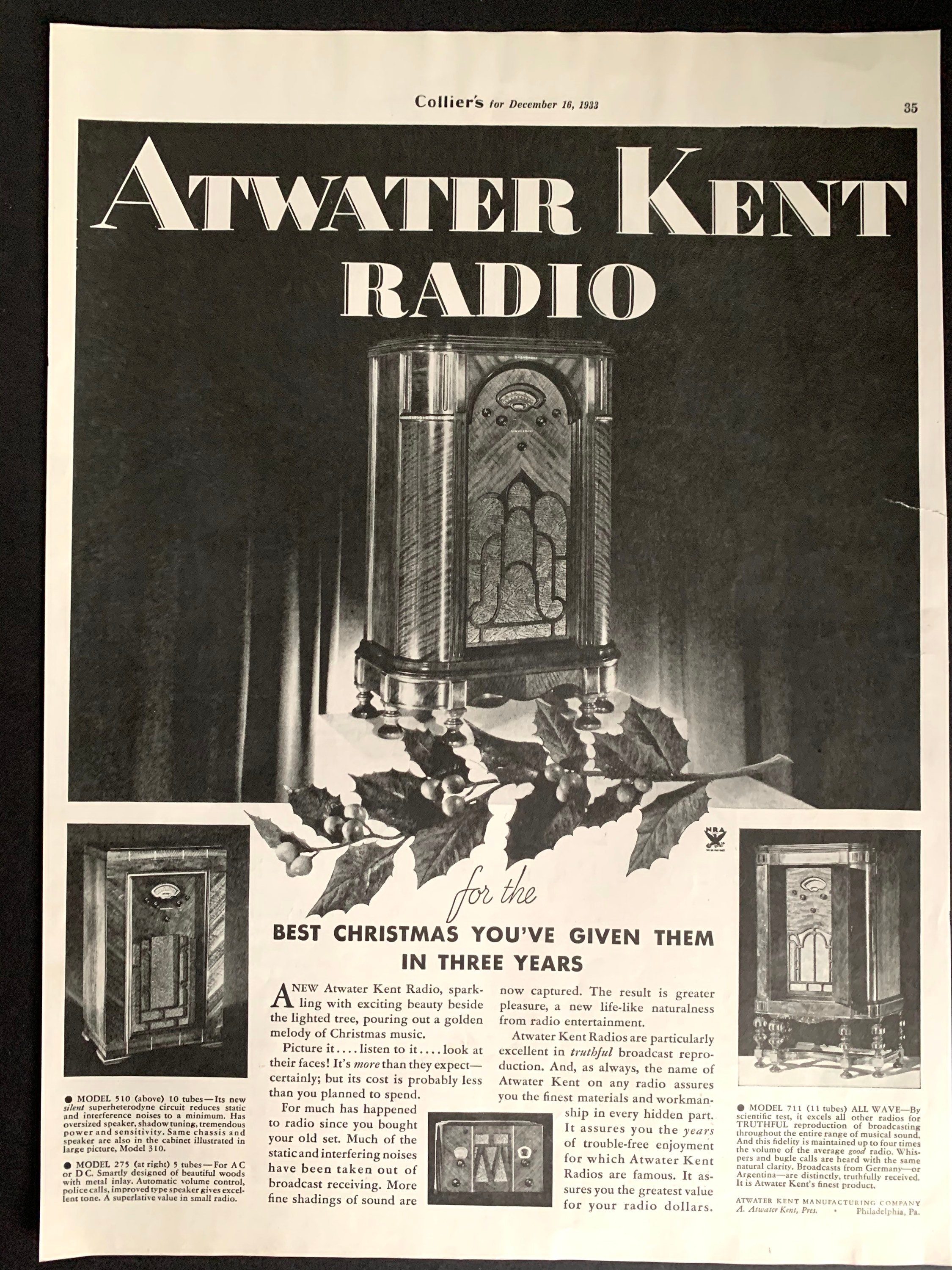 Vintage 1933 Atwater Kent Radio Christmas Ad - Etsy