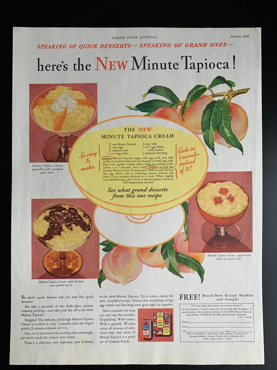 Vintage 1935 Minute Tapioca Pudding Print Ad - Etsy