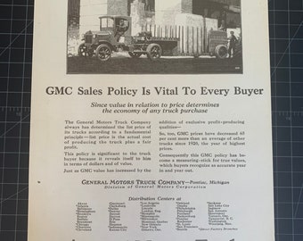 Anuncio impreso original de camionetas GMC vintage de 1924