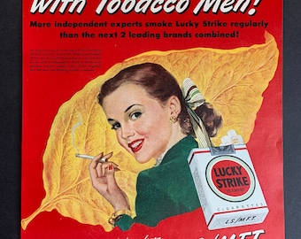 1947年 Lucky Strike ヴィンテージ広告 額装 USA雑誌 当時物 ラッキーストライク イラストポスター 複製 ポスター B5額入り