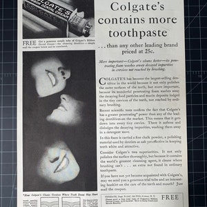 May include: A vintage advert for Colgate's Ribbon Dental Cream. The black and white ad shows a toothpaste tube and smiling faces. Text promotes the product's cleaning action and offers a free sample of the toothpaste.