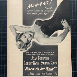 Vintage 1950 “Born to be Bad” Film, Joan Fontaine Print advertisement