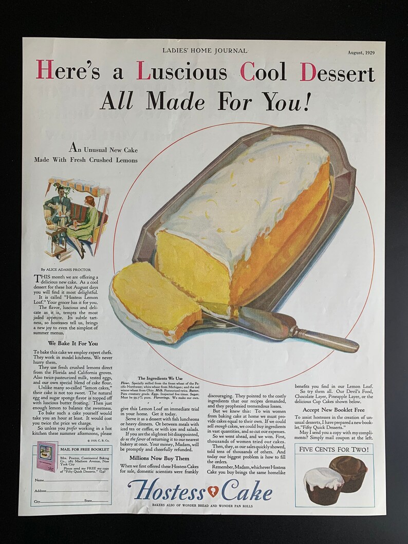 Vintage 1929 hostess cake print ad image 1