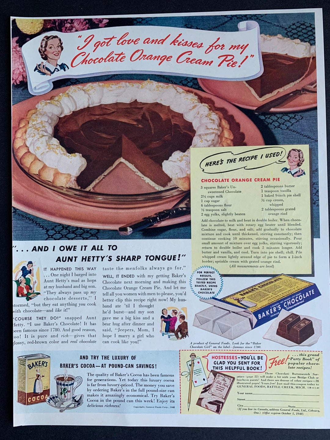 Vintage 1940 Bakers Chocolate Pie Print Ad Etsy
