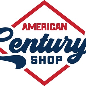 May include: The logo features the words "AMERICAN Century SHOP" in a stylized design. The word "Century" is in a large, cursive font in navy blue, while "AMERICAN" and "SHOP" are in a bold, red font. The logo is set within a red and white diamond shape.