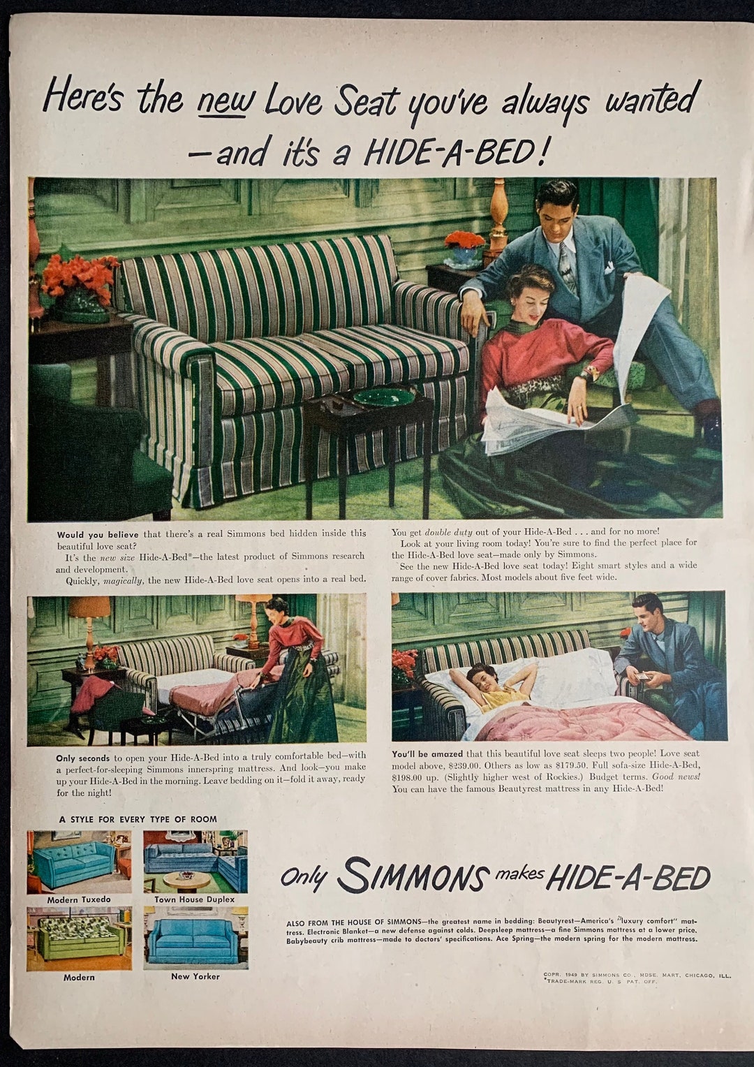 Vintage 1949 Simmons Hideabed Couch Print Ad Etsy
