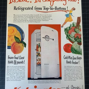 Vintage 1948 Kelvinator Refrigerator Original Advertisement– Antique Appliance Artwork, Retro Kitchen Decor