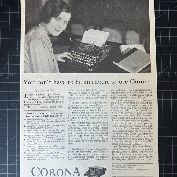 Vintage 1929 corona typewriters print ad