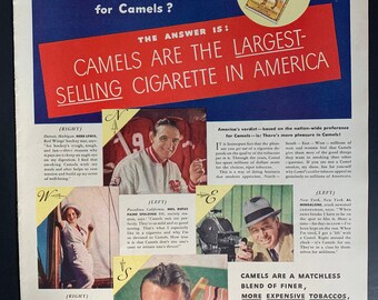 Anúncio impresso original de 1937 dos cigarros Camel - Detroit Red Wings
