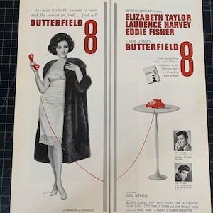 Vintage 1960 “butterfield 8” film 2-page print ad - elizabeth taylor - laurence harvey