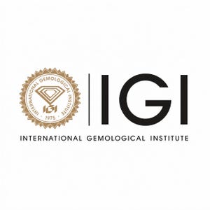 Könnte beinhalten: Das Logo des International Gemological Institute zeigt ein goldenes kreisförmiges Siegel mit einem Diamantsymbol und dem Text 1975, links neben den schwarzen Buchstaben IGI und dem darunter stehenden Namen International Gemological Institute.