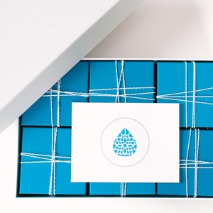 May include: A white box with a blue and white logo on the lid is open, revealing a set of 12 small blue boxes tied together with white string.