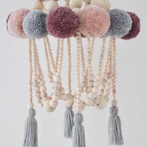 Pink Handmade Boho Beaded Baby Mobile - Wood Beads, Pompoms, Tassels Nursery Decor