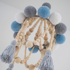 Blue Handmade Boho Beaded Baby Mobile - Wood Beads, Pompoms, Tassels Nursery Decor